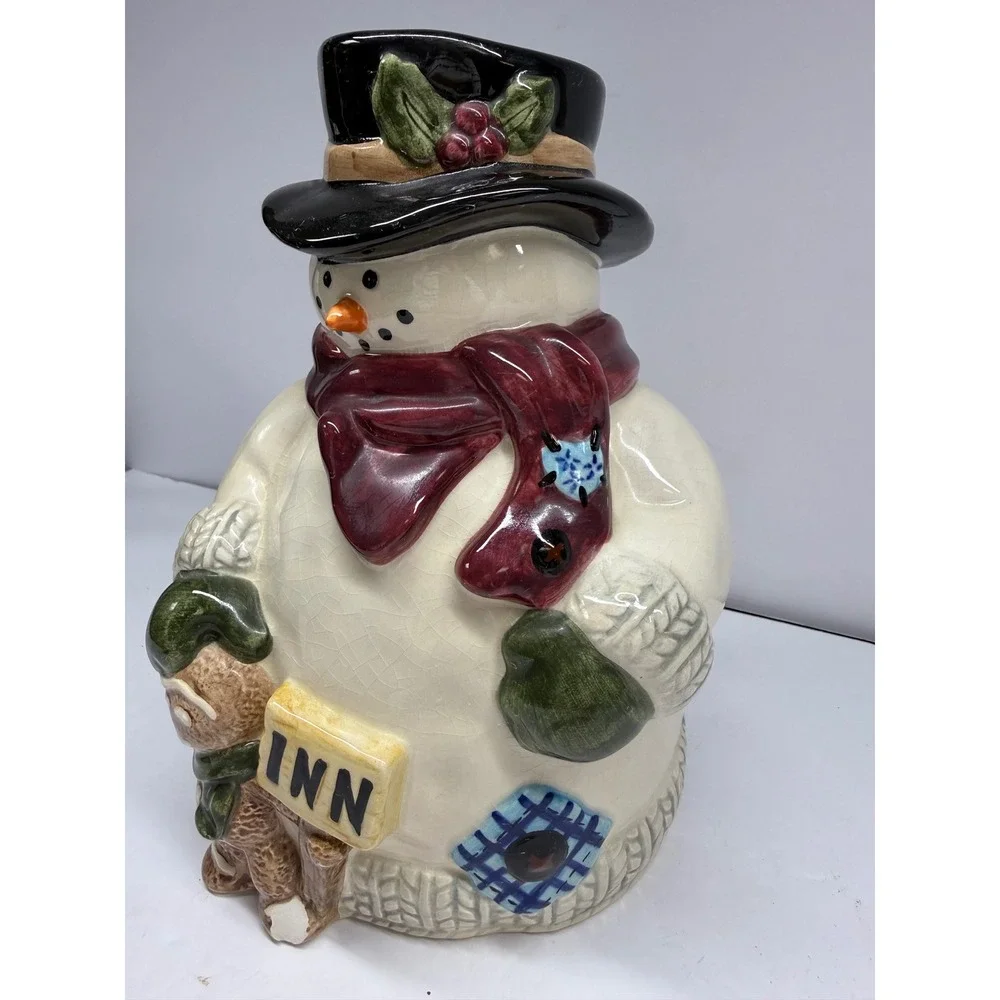 Holiday Snowman Ceramic with Top Hat Scarf and Gingerbread Man INN Sign
